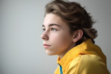 Portrait of a teenage boy in a yellow jacket on a gray backgroundの素材