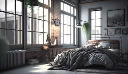 3d render of bedroom interior in loft style with a large windowの素材