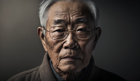Portrait of an old asian man with glasses on a dark backgroundの素材