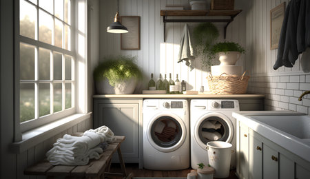 Laundry room interior with washing machine and wicker basket. 3d renderの素材