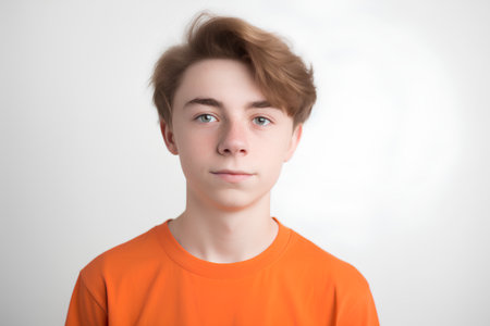 Portrait of a young man in an orange t-shirt.の素材