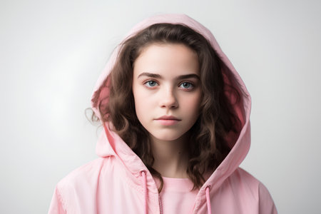 Portrait of a beautiful young girl in a pink hoodie.の素材