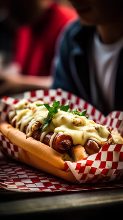Hot dog with mustard and mayonnaise on a wooden table.の素材