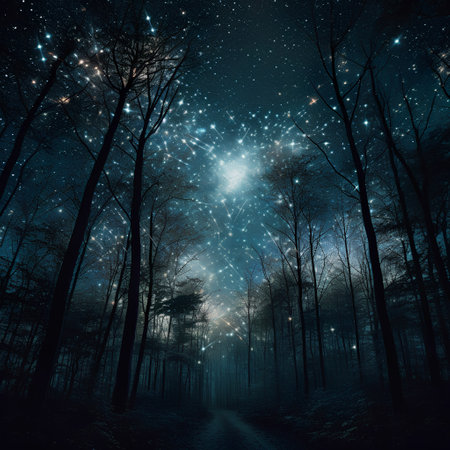 Mystical dark forest with full moon and starry sky. 3D renderingの素材