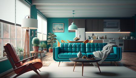 Interior of modern living room with blue sofa and armchair 3D renderingの素材