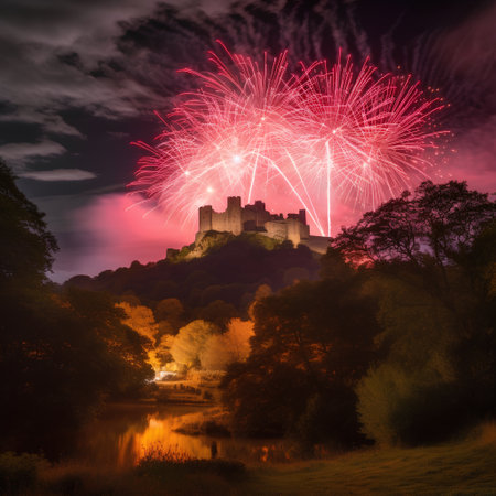 Beautiful night view of medieval castle with fireworks in the sky.の素材