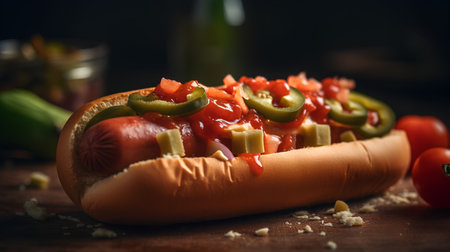 Hot dog with jalapeno pepper and tomato on wooden backgroundの素材