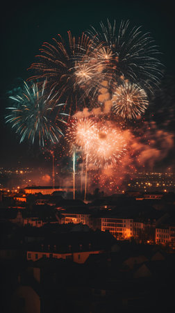Fireworks over the roofs of the old town of Turin, Italyの素材