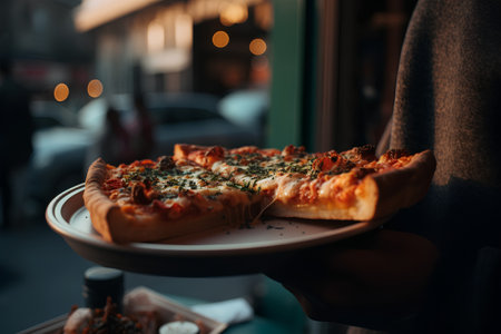 Pizza on a plate in the hands of a girl in a cafeの素材