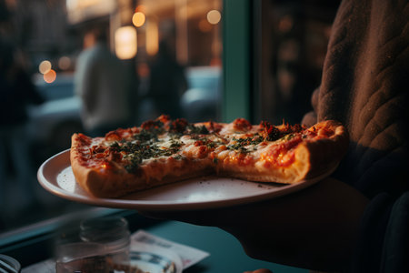 Woman holding a slice of pizza in a cafe. Selective focus.の素材