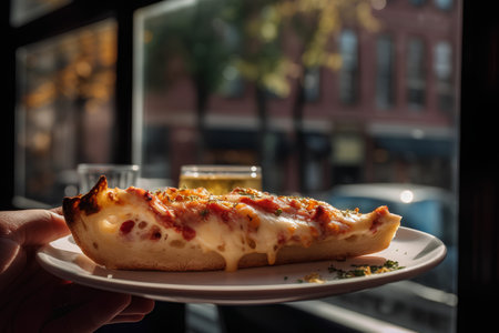 Pizza with cheese on a white plate in the hands of a manの素材