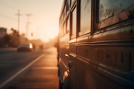 Close-up of a school bus on the road at sunset.の素材