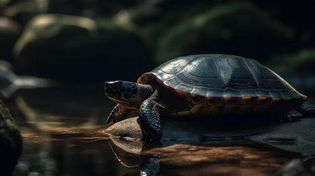 Turtle on the stone in the rainforest. Wildlife scene.の素材