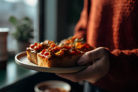 Woman holding plate with tasty bruschetta on table in cafeの素材