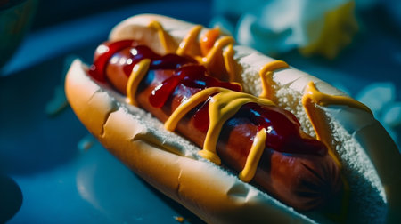 Delicious hot dog with mustard and ketchup on a blue plateの素材