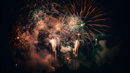 Colorful fireworks of various colors over night sky. Celebration concept.の素材