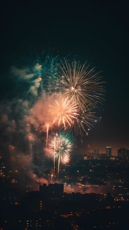 Colorful fireworks on the background of the city at night. Celebration conceptの素材