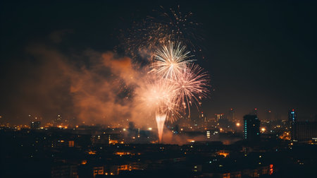 Colorful fireworks on the night sky over the city of Bangkok, Thailandの素材