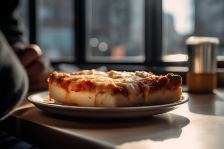 Cheese casserole on a plate in a cafe with a girlの素材
