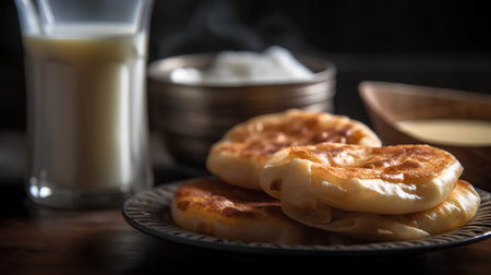 Pancakes with cottage cheese and sour cream on a wooden tableの素材