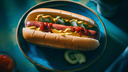 Hot dog with mustard, ketchup and mayonnaise on blue plateの素材