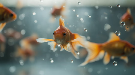 Goldfish in the aquarium with water drops on the water surface.の素材
