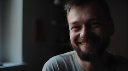 Portrait of a young man with a beard in the dark.の素材