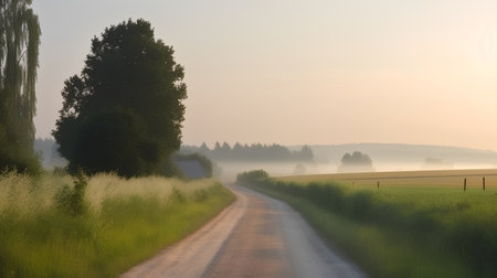 Country road through the fields in the morning mist with trees in the foregroundの素材