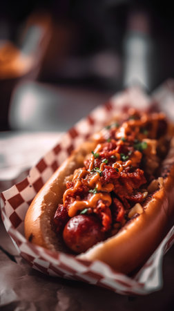 Hot dog with sausage and ketchup on a dark wooden background.の素材