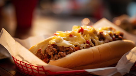 Hot dog with melted cheese and chilli on a wooden table.の素材