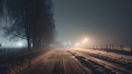 Foggy winter road in the countryside with trees and lanternsの素材