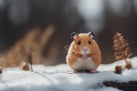 Hamster in the snow on a background of a winter forest.の素材