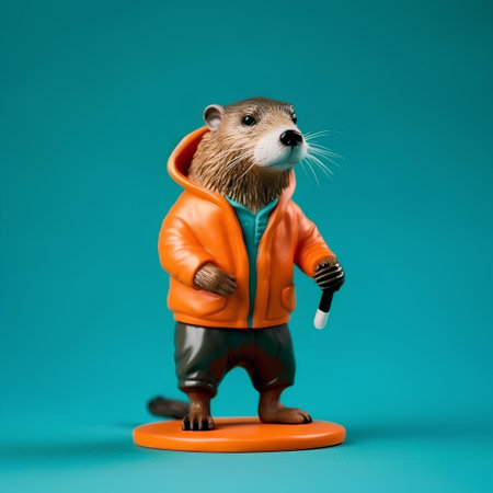 Otter in an orange jacket with a microphone on a blue backgroundの素材