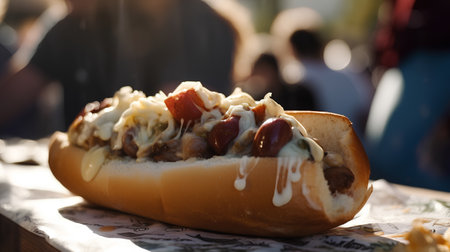 Hot dog with sausage, onion and mayonnaise on the streetの素材