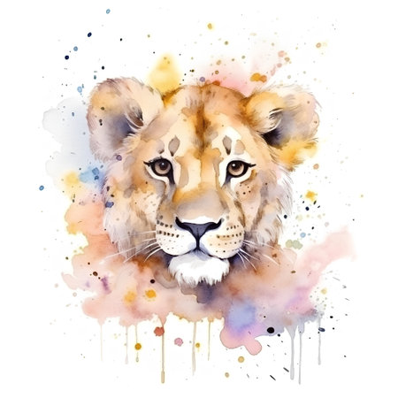 Watercolor portrait of a lioness on watercolor splashes backgroundの素材