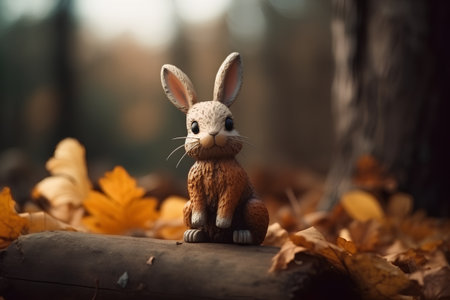 Rabbit toy in the autumn forest, shallow depth of field.の素材