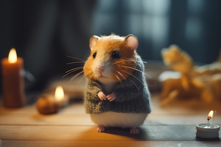 Hamster in a knitted scarf on a wooden table with candlesの素材