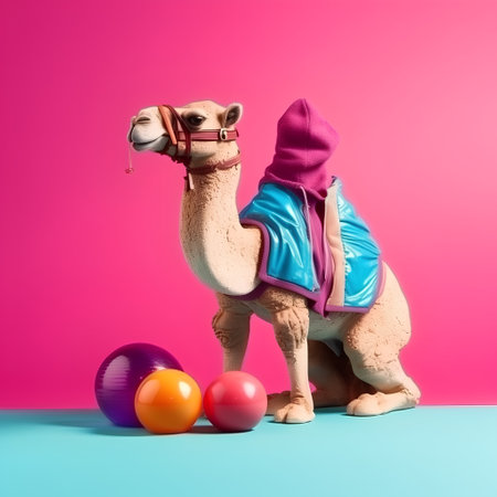 Camel with colorful balls on pink and blue background, studio shotの素材