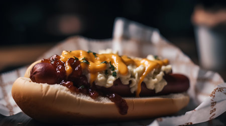 Hot dog with mustard, ketchup and mayonnaise on wooden tableの素材