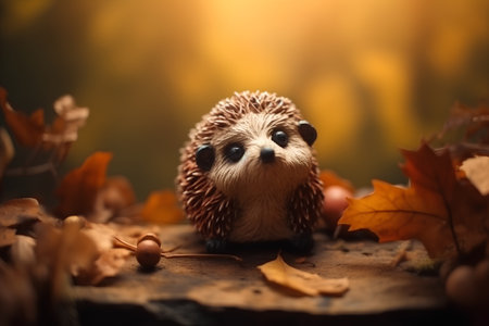Hedgehog and autumn leaves on a background of autumn forest.の素材