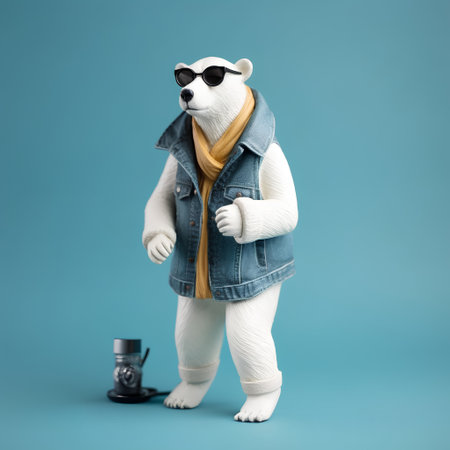Polar bear in sunglasses and a denim jacket stands on a blue background.の素材
