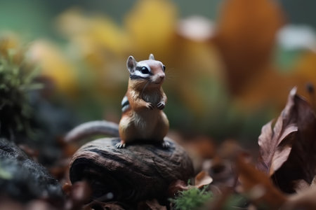 Chipmunk sitting on a log with autumn leaves in the backgroundの素材