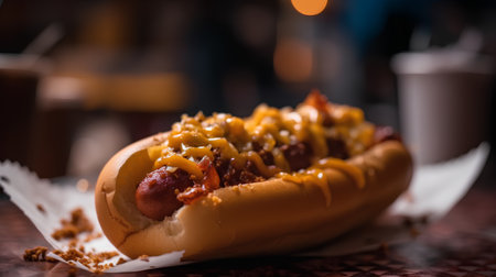 Hot dog with mustard, ketchup and mayonnaise on wooden tableの素材