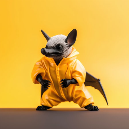 Cute little bat in a raincoat on a yellow background.の素材