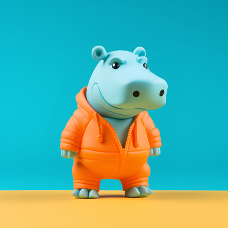 Hippopotamus in orange jacket on blue background. 3d illustrationの素材