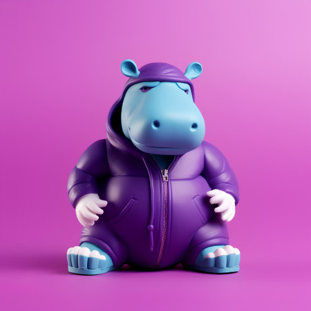 Hippopotamus character in a purple jacket. 3d renderingの素材