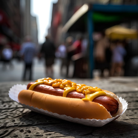 Delicious hot dog with mustard on a background of the street.の素材