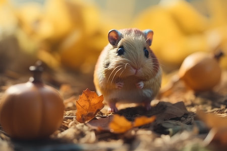 Hamster on autumn leaves and pumpkins, shallow depth of fieldの素材