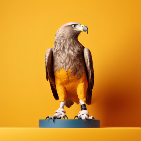 Eagle on a pedestal with yellow background. 3d renderingの素材