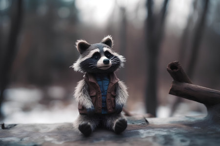 Sad raccoon sitting on a log in the forest. Sad raccoon.の素材